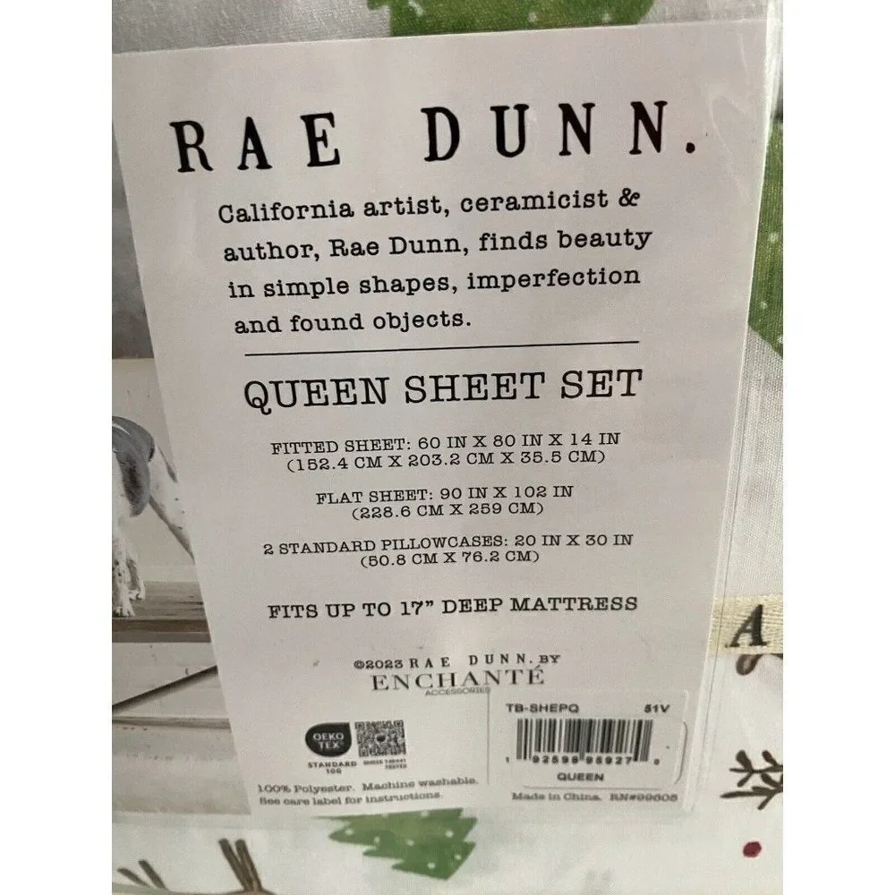 Rae Dunn Reindeer Christmas Tree Soft Queen Size Sheet‎ Set Holiday 4 Piece NEW
